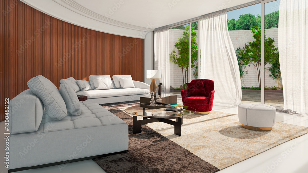 Naklejka premium Large luxury modern bright interiors Living room mockup illustration 3D rendering image