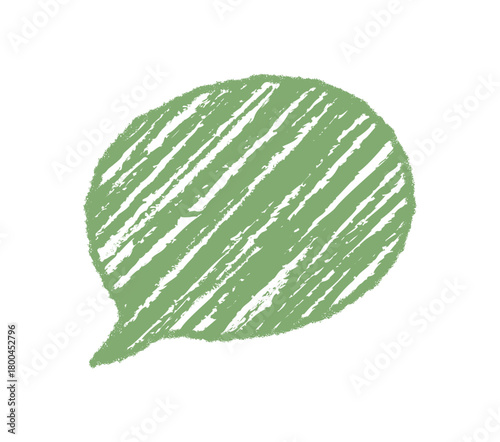 Green organic speech bubble with crayon scribble and diagonal sketch brings a message in a circle chat bubble form. Illustration for communication and text concepts, with hand drawn graphic style for