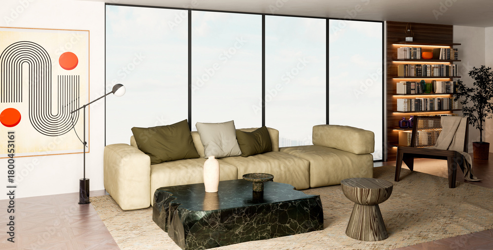 Naklejka premium Large luxury modern bright interiors Living room mockup illustration 3D rendering image