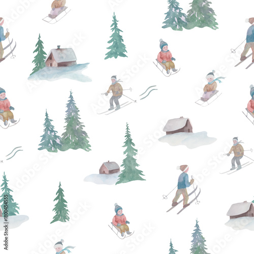 Watercolor winter seamless pattern with children sledding and skiing, cozy cabins, and snowy pine trees. Hand-painted illustration. Vector EPS.