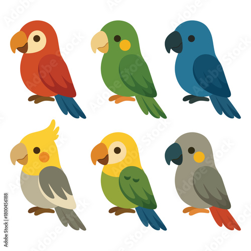 Set of six different parrots in various colors including red, green, blue, yellow, and grey. Flat cartoon vector illustration. Tropical and exotic bird concept. Design for sticker, greeting card
