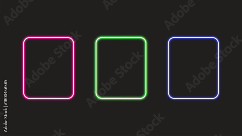 Neon-glowing, rounded-rectangle frames set on a dark background. Colorful neon outline vector illustration