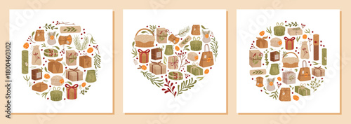 Heart design concept collection with kraft gift box in flat design style, present and ribbon decor with rustic package concept. Design combines graphic elements in a cohesive bundle, ideal for event