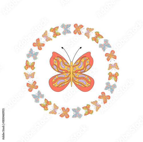 Groovy retro butterfly pattern forms a colorful circle with border frame. Funky flower art and y2k background combine as vibrant pop style for creative pattern use.