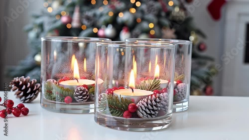 Three Elegant Glass Candle Holders with Pinecones and Red Berries Bathing in Warm Holiday Glow