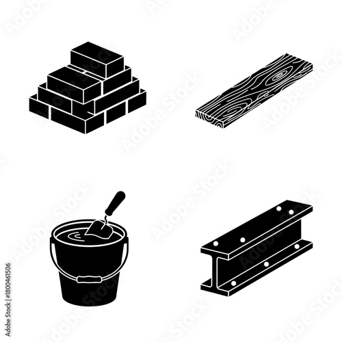Collection of construction materials and tools bricks, wood, cement, and steel beam icons