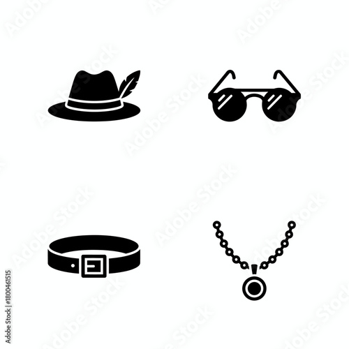 Set of icons representing accessories a hat with a feather, round sunglasses, a belt, and a necklace
