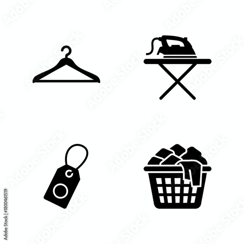 Minimalist vector icon set illustrating concepts of laundry, clothing care, and retail, featuring a hanger, iron, price tag, and wash basket