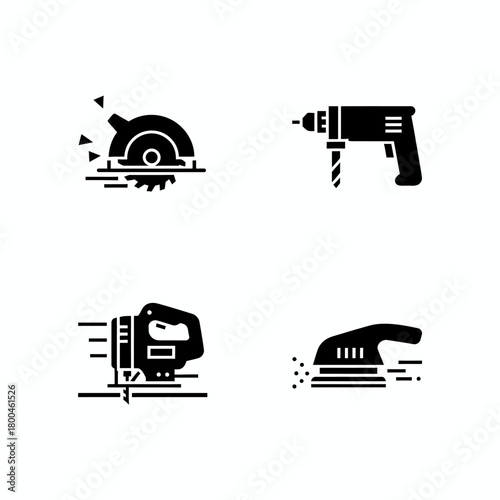 Set of construction tools icons circular saw, drill, jigsaw, sander. Building and DIY equipment