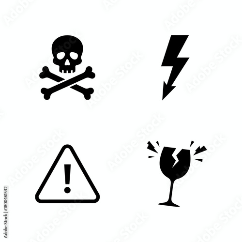 Set of four warning icons including a skull and crossbones, lightning bolt, caution triangle, and broken glass symbol