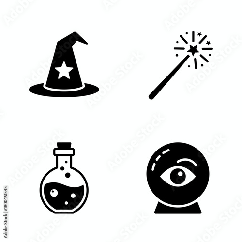 Captivating collection of mystical and magical vector icons, showcasing a wizard's hat, sparkling wand, mysterious potion, and a clairvoyant crystal ball for fantasy themes