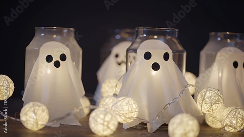 Three Ghostly Lantern Figures in White Sheets with Warm Globe Lights at Night