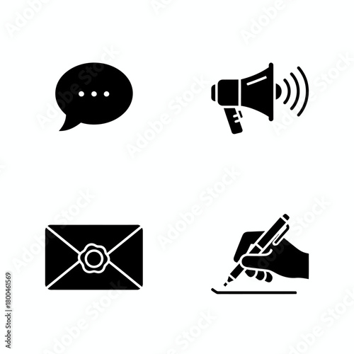Communication icons set message, megaphone, envelope, and writing hand, representing information exchange