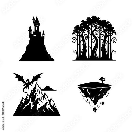 Enchanted Realms Silhouette Icons of Castle, Forest, Dragon Mountain, and Floating Isle