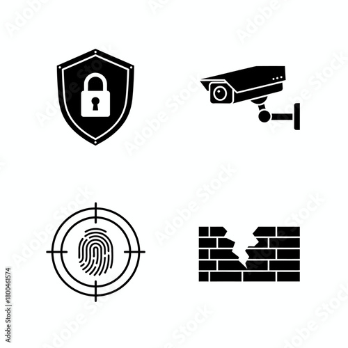 Security Icons Shield, CCTV Camera, Fingerprint Scanner, and Damaged Wall for Safety Measures