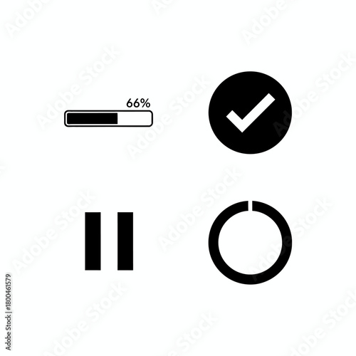 Set of four simple black and white icons representing progress, completion, pause, and loading or waiting status on a white background
