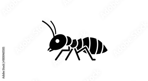 A simple, minimalist black and white graphic illustration of an ant, rendered in a clean, modern style