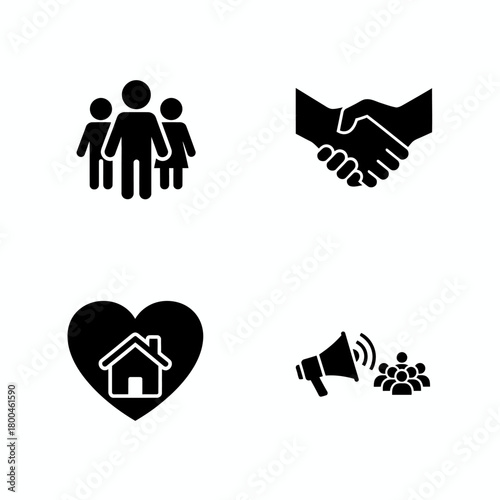 Vector icon set depicting core social values community, collaboration, housing, and public communication for diverse projects and initiatives