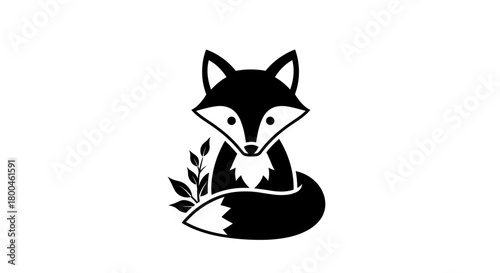 Minimalist Black and White Fox Illustration with Foliage - Perfect for Branding and Design Projects