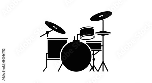 Drum kit illustration for music and performance, featuring drums, cymbals, and a detailed outline in black and white