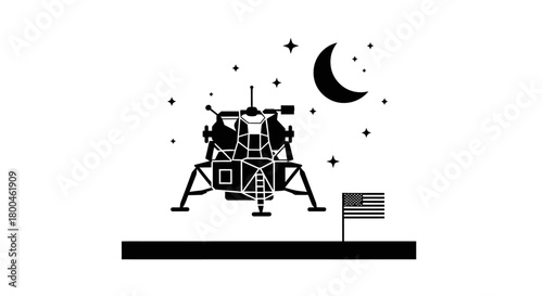 Lunar module landing on the moon with a crescent moon and stars in the background and an American flag planted