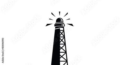 Minimalist black and white vector illustration of a shining lighthouse beacon, a towering symbol of guidance, safety, and coastal navigation in the vast ocean