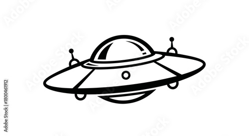 A black and white illustration of a flying saucer, representing unidentified flying objects and space exploration