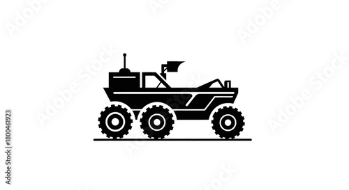 Sleek monochrome vector illustration of a futuristic six-wheel all-terrain vehicle, representing advanced off-road capability and technological innovation in a clean, minimalist design