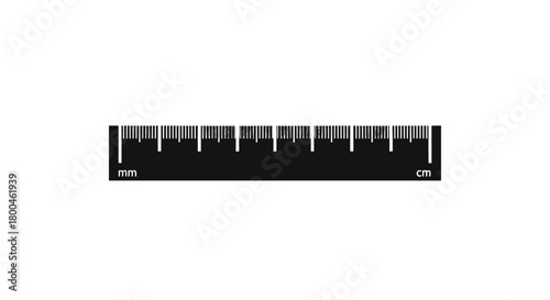 Sleek black graphic ruler displaying precise millimeter and centimeter markings against a clean white background, an essential linear measurement tool for design, technical drafting