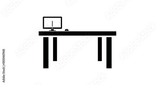 A minimalist black and white illustration of a desk with a computer monitor and mouse, representing a workspace or office setup