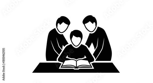 Three people gathered around a table, intently focused on a book, symbolizing shared learning and collaboration
