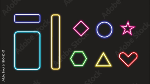 Neon glowing geometric shapes set on a dark background. Colorful neon outline vector illustration