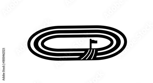 Dynamic minimalist vector illustration of an oval running track with a finish line flag, symbolizing achievement, competition, speed, and athletic pursuit for sports events and fitness goals