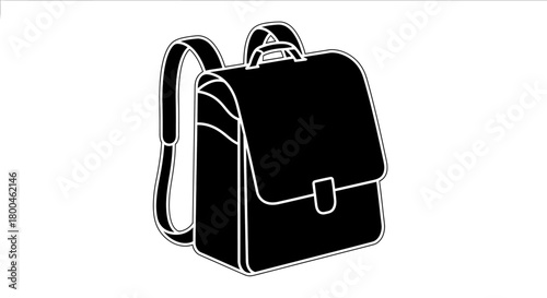 Classic black and white school satchel vector icon, symbolizing education, student life, and learning journeys for academic and children's themes in graphic design illustrations
