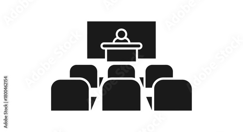 Lecture Hall Icon Presentation with Podium and Audience Seating in Simple Black and White Style
