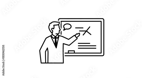 Minimalist vector icon of a professional instructor explaining concepts on a whiteboard. Symbolizing education, clear communication, and knowledge transfer during a training or lecture