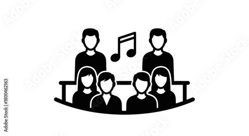 Minimalist black and white icon representing a choir or singing group performing in harmony, symbolized by a musical note