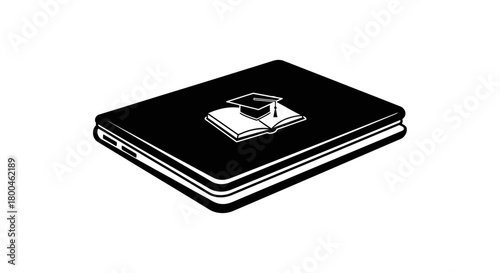 A minimalist black and white icon representing online learning and digital education, featuring an open book and a graduation cap displayed on a laptop screen