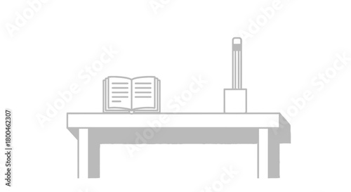 Minimalist line art illustration depicting a tranquil desk scene featuring an open book and a modern lamp, symbolizing learning, focus, and quiet study moments