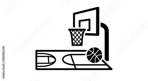 A simplified black and white illustration of a basketball court with a hoop and ball, showcasing a key element of the sport