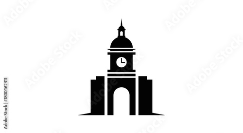 Minimalist black icon of a classic architectural clock tower building, a symbol for a courthouse, university, or government institution isolated on a white background