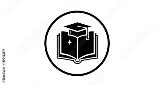An open book with a graduation cap on top, symbolizing education, knowledge, and academic achievement within a circle