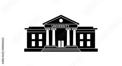 Classical architecture building icon representing a university, courthouse, or bank. A simple black and white flat vector silhouette for higher education, finance, or government concepts