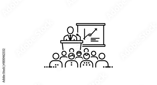 A business professional presents a growth chart to an audience during a corporate conference or seminar