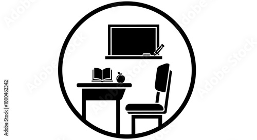 Classic classroom setup with a student desk, open book, apple, and blackboard inside a circle icon, symbolizing education, learning, and academic knowledge pursuit
