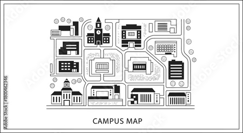 Detailed black and white vector illustration showcasing a comprehensive university campus layout from an overhead perspective, highlighting various academic buildings