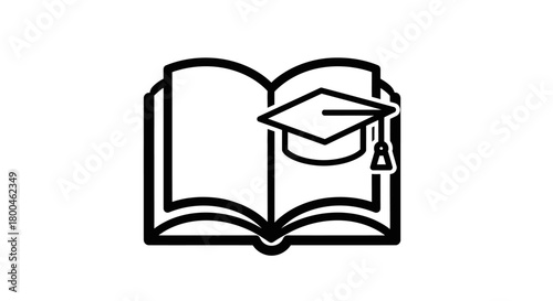Minimalist vector icon representing academic education, higher learning, and knowledge acquisition, featuring an open book and a graduation cap on its pages