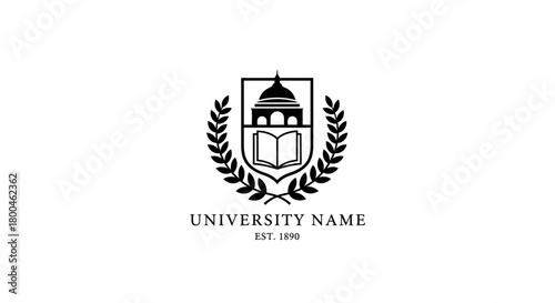 University Crest Design Emblem with Books, Laurel Wreath, and Architectural Elements - Customizable