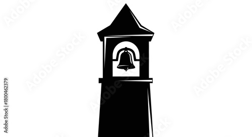 Striking minimalist black silhouette of a traditional church bell tower, featuring an antique bell hanging within its belfry, isolated on a clean white background