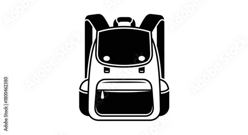 Black and white minimalist icon of a classic backpack. A simple graphic representing travel, education, adventure, and everyday essentials for modern designs